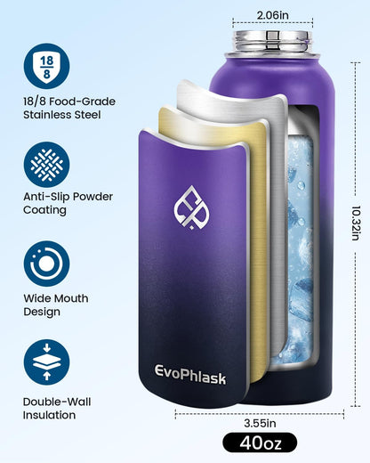 Insulated Water Bottle 40 Oz with Carrier Bag, Purple/Black