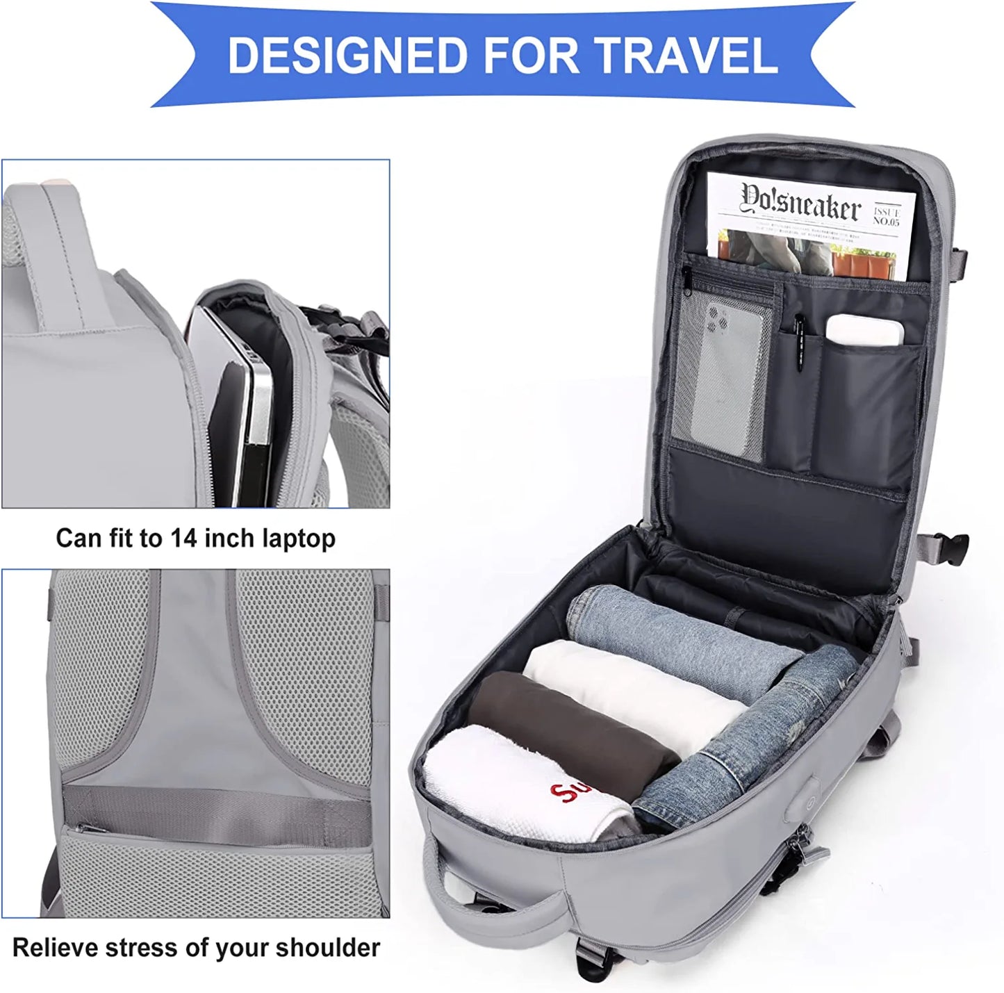 Large Backpack for Women , Men Carry on Backpack,Hiking Backpack Waterproof Outdoor Sports Casual Daypack, College Backpack School Bag Gray