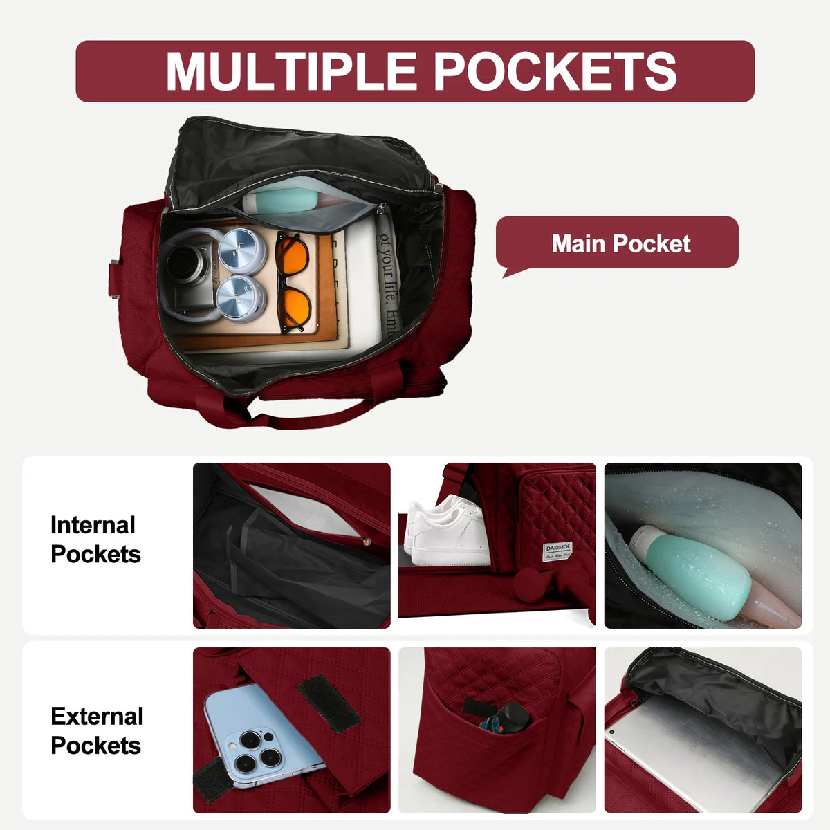 Travel Duffle Bag for Women Men, Weekender Overnight Bags Carry on Gym Bag with Wet Pocket/Adjustable Strap/Shoe Compartment, Foldable Waterproof Duffel Tote for Plane Sports Dance, Wine Red