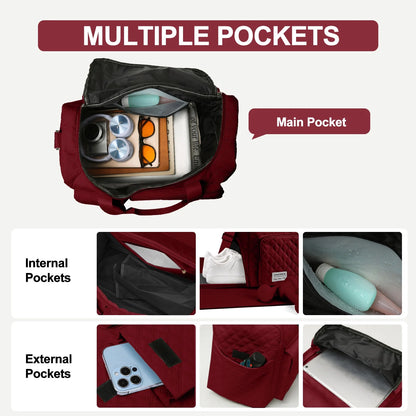 Travel Duffle Bag for Women Men, Weekender Overnight Bags Carry on Gym Bag with Wet Pocket/Adjustable Strap/Shoe Compartment, Foldable Waterproof Duffel Tote for Plane Sports Dance, Wine Red