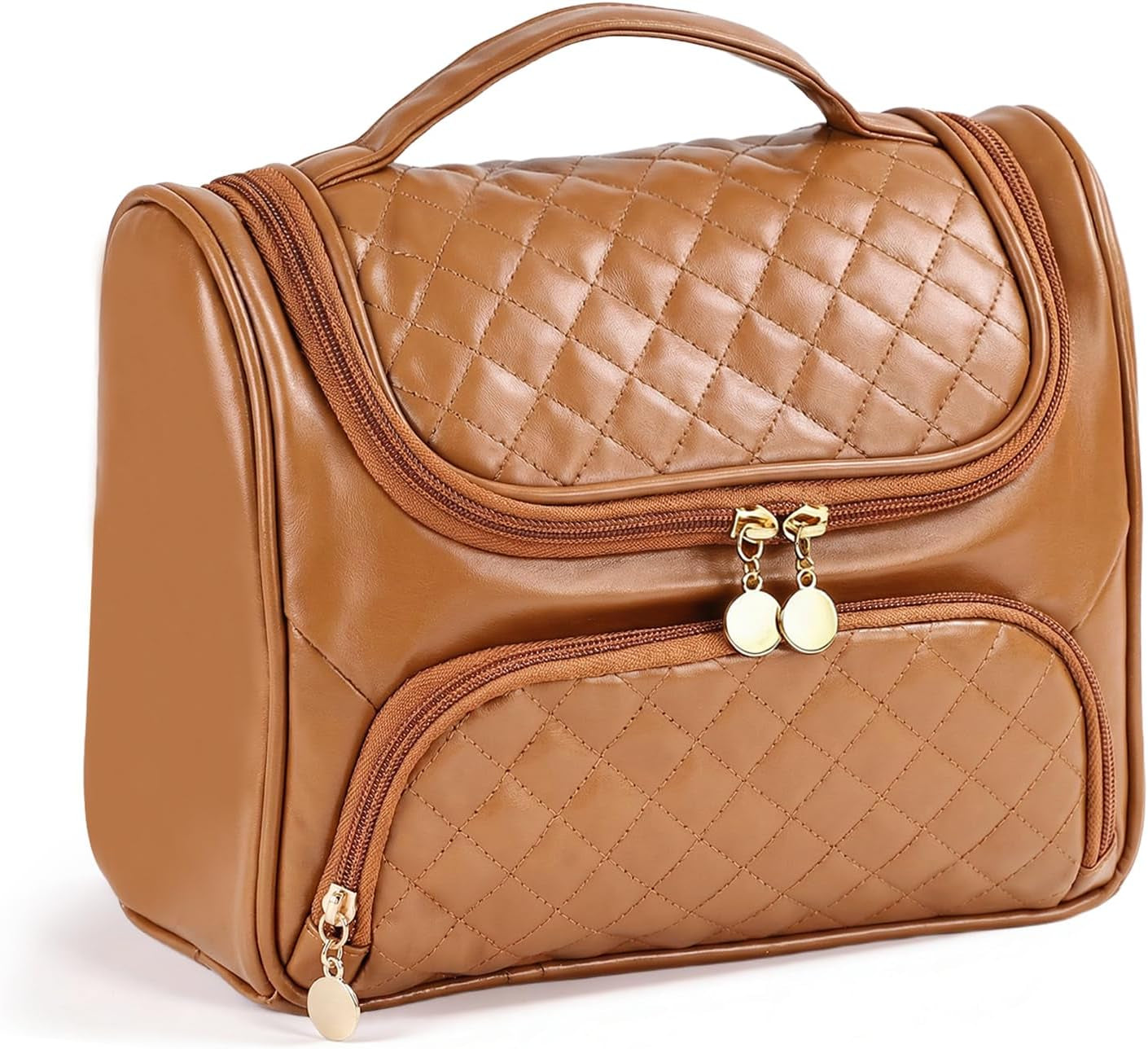 Cosmetic Bags for Women，Hanging Toiletry Bag with Makeup Brush Womens Travel Toiletry Bag for Women Essentials Travel Organizer for Full Sized Cosmetics and Toiletries Brown