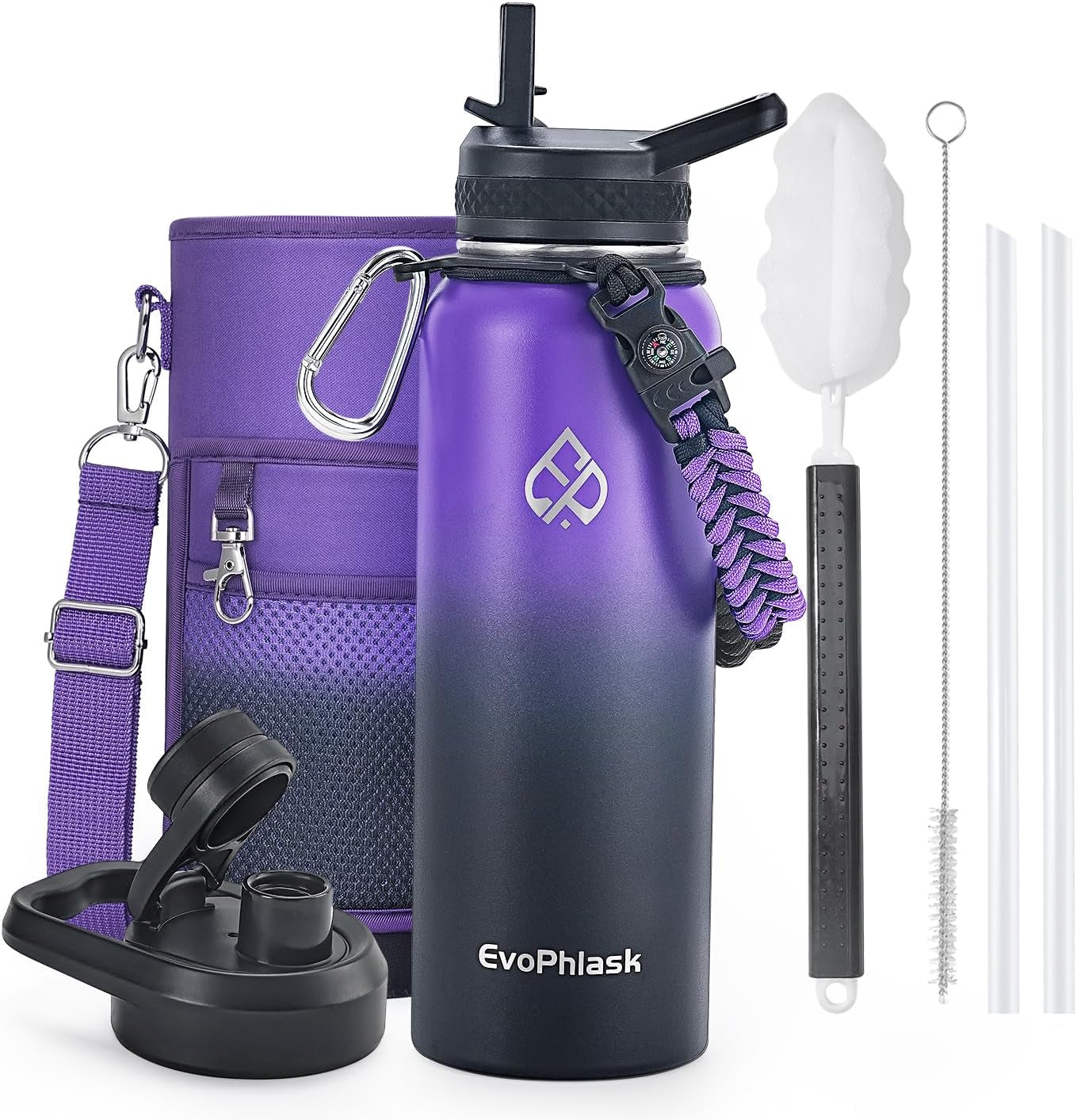 Insulated Water Bottle 40 Oz with Carrier Bag, Purple/Black