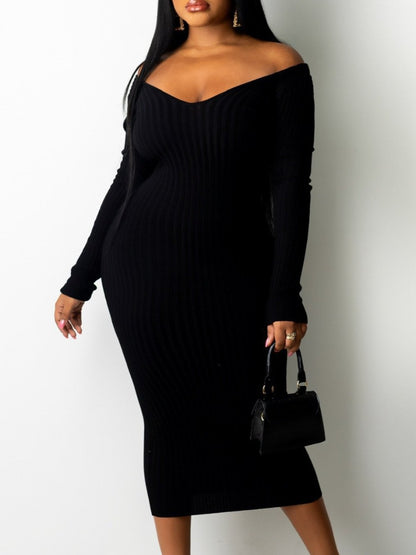 Plus Size Women Clothes Popular Large V neck off the Shoulder Thread Fitted Sexy Dress