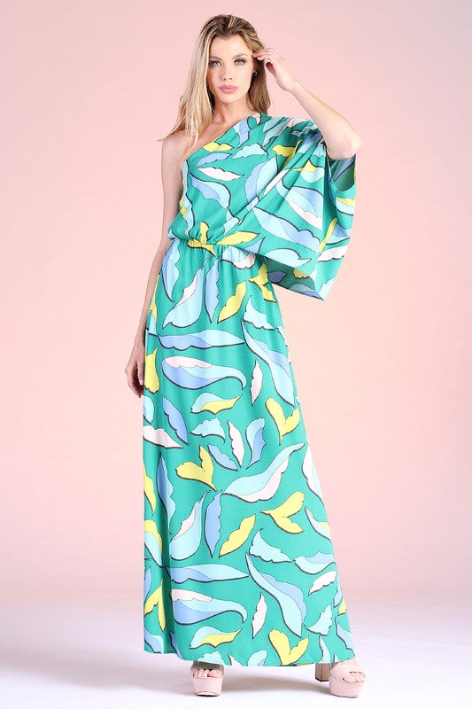 Cartoon Leaf Print Slouchy One Shoulder Maxi