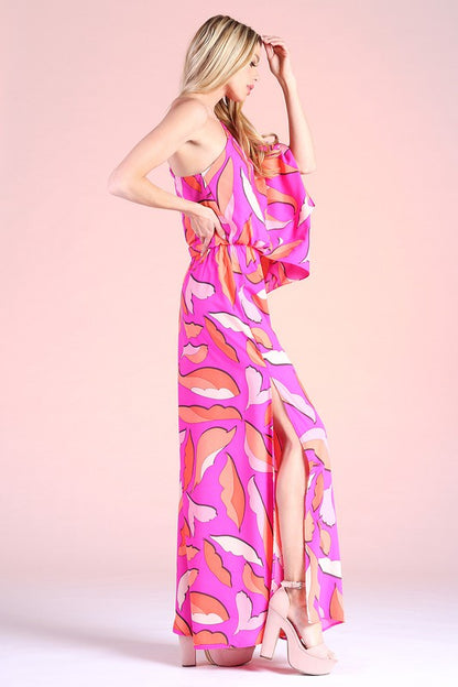 Cartoon Leaf Print Slouchy One Shoulder Maxi