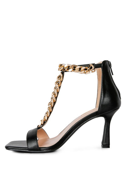 Real Gem Mid Heel Chain Detail T-strap Sandal