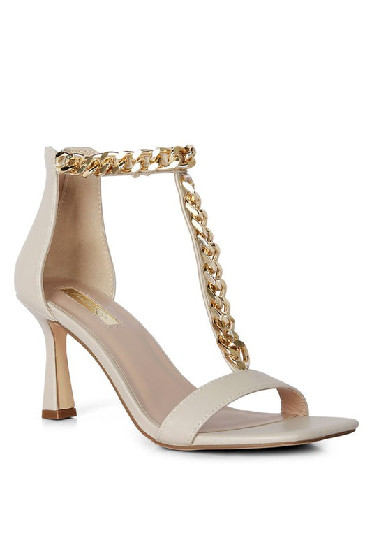 Real Gem Mid Heel Chain Detail T-strap Sandal