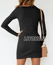 LIYOHON Women's Fall Short Dress Casual Crewneck Long Sleeve Solid Ruched Tie Waist Bodycon T Shirt Mini Dresses TTDCXQ-Black-L