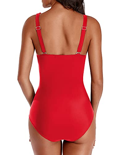 Holipick Women Chili Red One Piece Swimsuits Tummy Control Bathing Suit Ruffle V Neck Swimwear Slimming Monokini for Teen Girls XX-Large