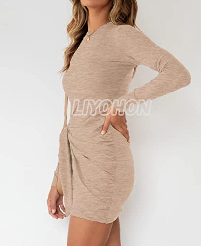 LIYOHON Women's Fall Short Dress Casual Crewneck Long Sleeve Solid Ruched Tie Waist Bodycon T Shirt Mini Dresses TTDCXQ-Black-L