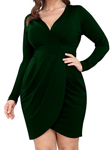 Plus Size Dress Long Sleeves Black  Sexy Deep V Neck  Wrap Dress