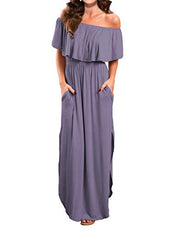 Off Shoulder Summer Casual Long Ruffle Beach Maxi Dress with Pockets