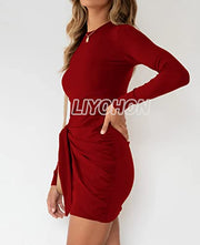 LIYOHON Women's Fall Short Dress Casual Crewneck Long Sleeve Solid Ruched Tie Waist Bodycon T Shirt Mini Dresses TTDCXQ-Black-L