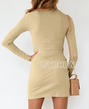 LIYOHON Women's Fall Short Dress Casual Crewneck Long Sleeve Solid Ruched Tie Waist Bodycon T Shirt Mini Dresses TTDCXQ-Black-L