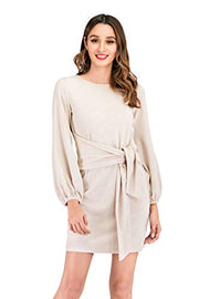 Women Long Sleeves Knitted Bodycon Tie Waist  Pencil Dress