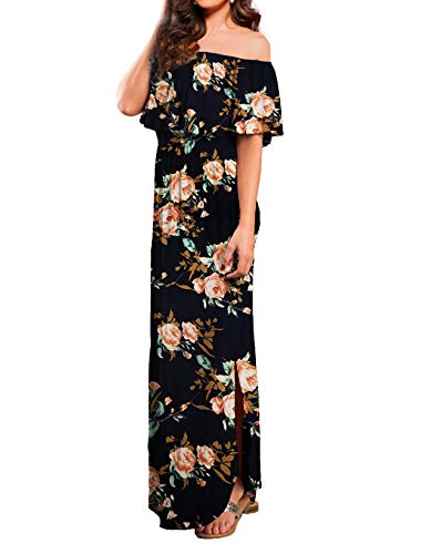 Off Shoulder Summer Casual Long Ruffle Beach Maxi Dress with Pockets