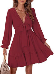Casual Vacation  Ruffle  Long Sleeve Empire Waist Tie Knot Cute Chiffon Dress