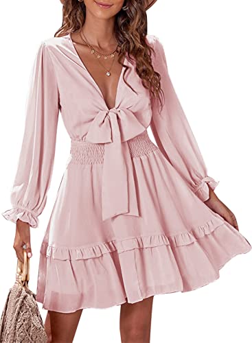 Casual Vacation  Ruffle  Long Sleeve Empire Waist Tie Knot Cute Chiffon Dress