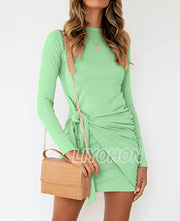 LIYOHON Women's Fall Short Dress Casual Crewneck Long Sleeve Solid Ruched Tie Waist Bodycon T Shirt Mini Dresses TTDCXQ-Black-L