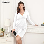 Plus Size Dress Long Sleeves Black  Sexy Deep V Neck  Wrap Dress
