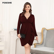 Plus Size Dress Long Sleeves Black  Sexy Deep V Neck  Wrap Dress