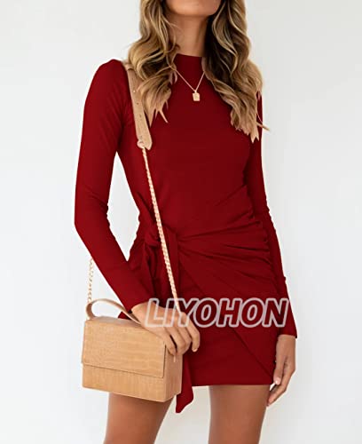 LIYOHON Women's Fall Short Dress Casual Crewneck Long Sleeve Solid Ruched Tie Waist Bodycon T Shirt Mini Dresses TTDCXQ-Black-L