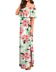Off Shoulder Summer Casual Long Ruffle Beach Maxi Dress with Pockets