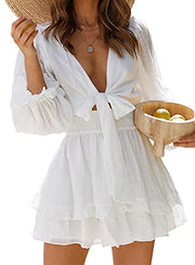 Casual Vacation  Ruffle  Long Sleeve Empire Waist Tie Knot Cute Chiffon Dress