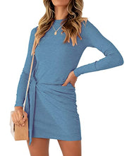 LIYOHON Women's Fall Short Dress Casual Crewneck Long Sleeve Solid Ruched Tie Waist Bodycon T Shirt Mini Dresses TTDCXQ-Black-L