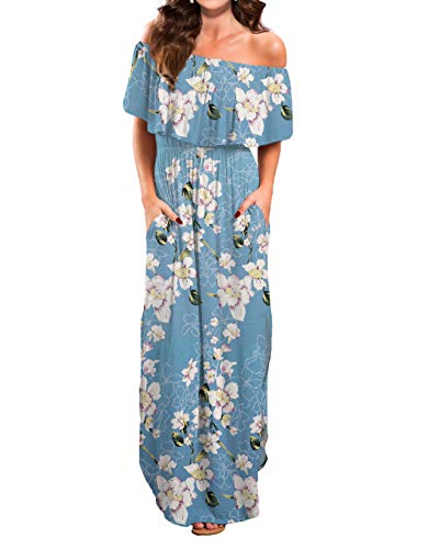 Off Shoulder Summer Casual Long Ruffle Beach Maxi Dress with Pockets