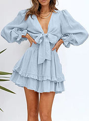 Casual Vacation  Ruffle  Long Sleeve Empire Waist Tie Knot Cute Chiffon Dress