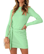 LIYOHON Women's Fall Short Dress Casual Crewneck Long Sleeve Solid Ruched Tie Waist Bodycon T Shirt Mini Dresses TTDCXQ-Black-L
