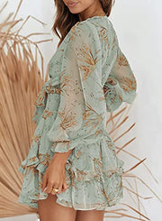 Casual Vacation  Ruffle  Long Sleeve Empire Waist Tie Knot Cute Chiffon Dress