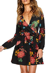 V Neck Dress Floral Mini Swing Dress