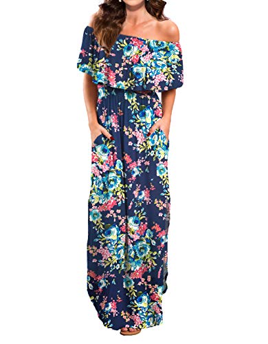 Off Shoulder Summer Casual Long Ruffle Beach Maxi Dress with Pockets