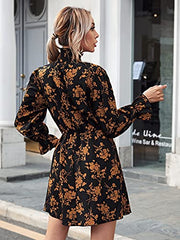 Long Sleeve Floral Print Ruffle Short Dress