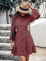 Long Sleeve Floral Print Ruffle Short Dress