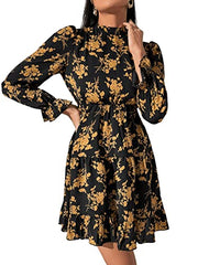 Long Sleeve Floral Print Ruffle Short Dress