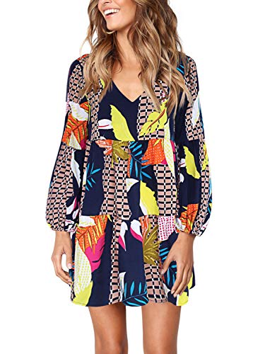 V Neck Bishop Sleeves Soft Loose Tunic Dress Geometry  Print