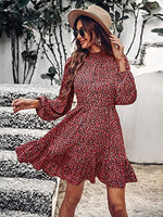 Long Sleeve Floral Print Ruffle Short Dress