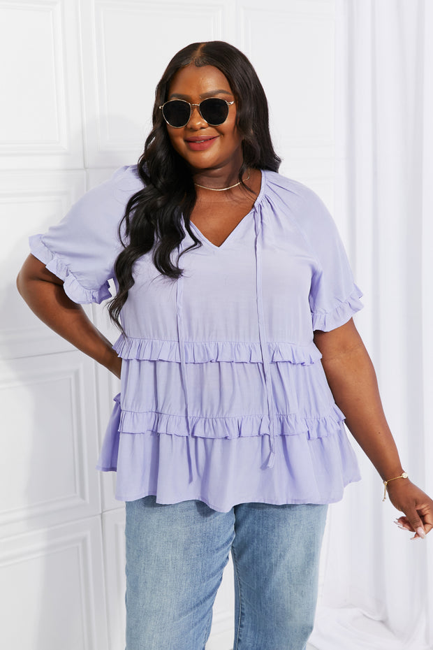 Full Size Tie Neck Ruffle Top