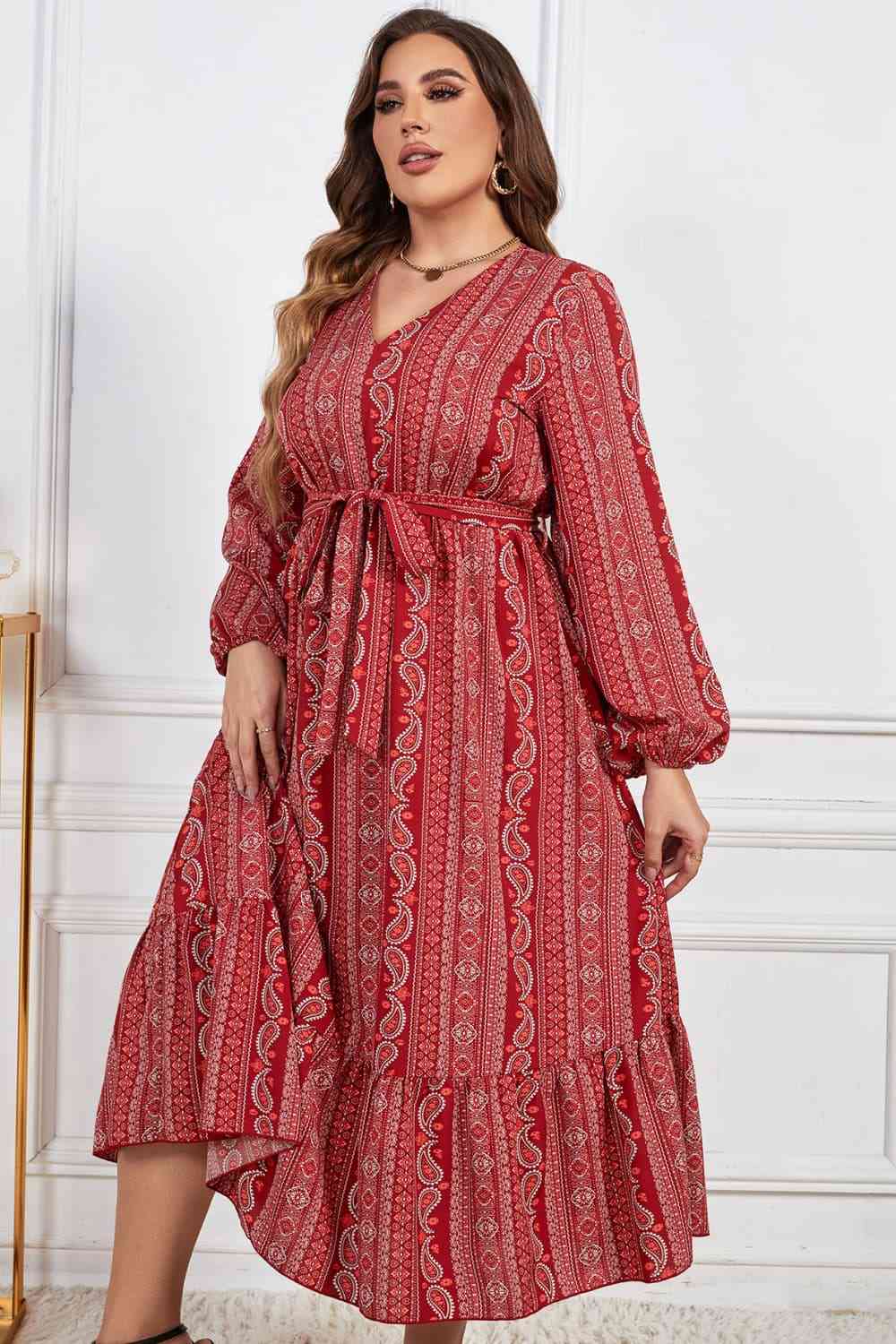 Melo Apparel Plus Size Tie Belt V-Neck Balloon Sleeve Midi Dress