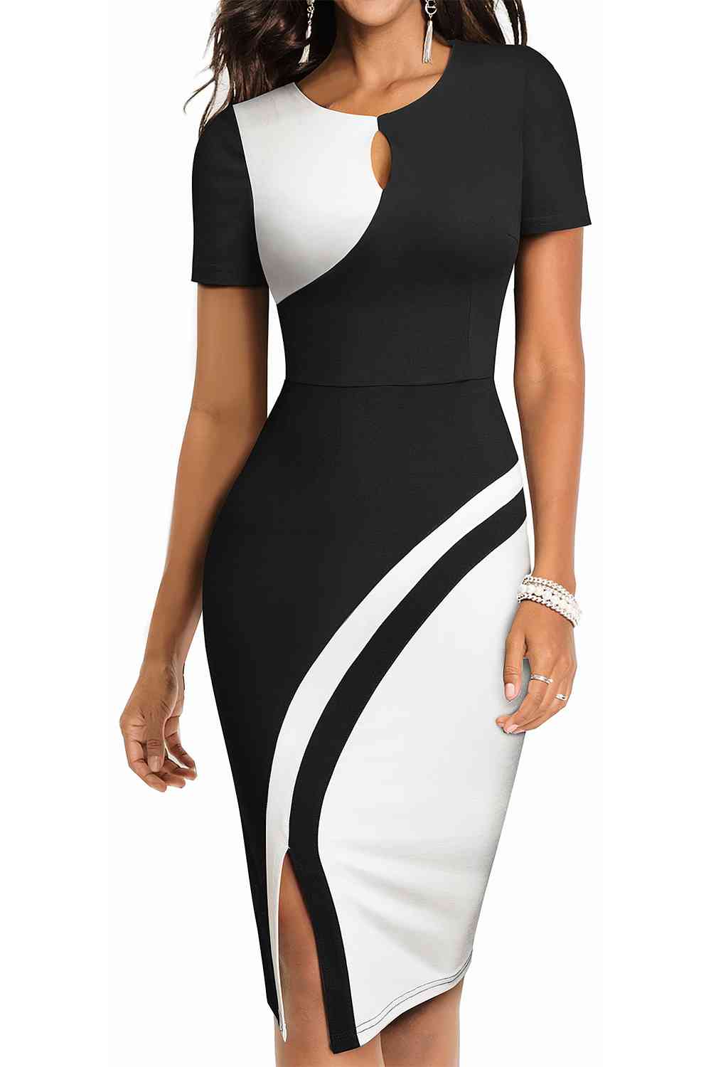 Two-Tone Round Neck Short Sleeve Slit Dress