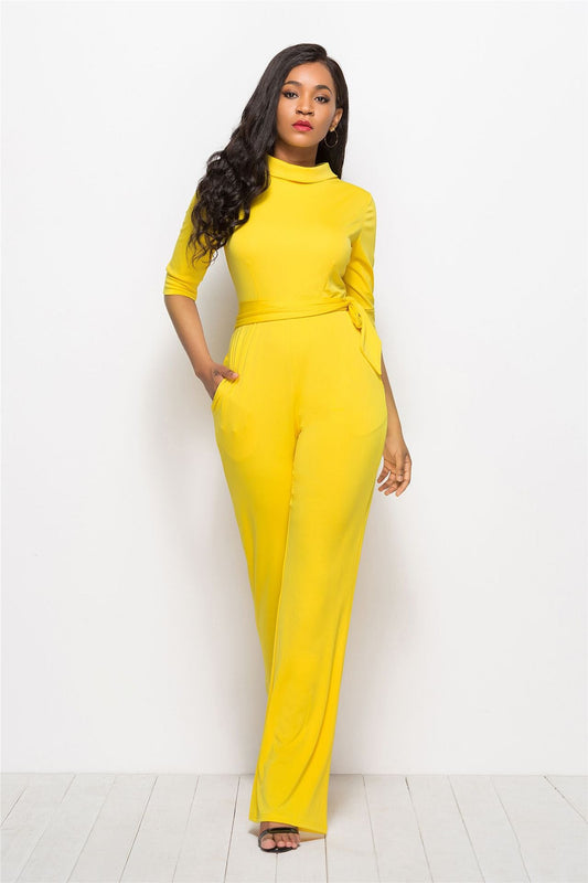 Mid Sleeve Collared Neck Belted Jumpsuit