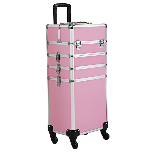 4-in-1 Makeup Travel Case with 360° Rolling Wheels, Locks, Keys and Adjustable Dividers, Pink XH