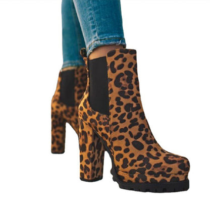 Women Ankle Boots Flock Leopard Slip On Short Boots Women's High Heels Platform Autumn Shoes Ladies Booties Retro Plus 43