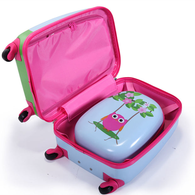 2 PCS Kids Luggage Set; 12&quot; Backpack and 16&quot; Spinner Case with 4 Universal Wheels; Travel Suitcase for Boys Girls; Light Blue with Animal Patterns