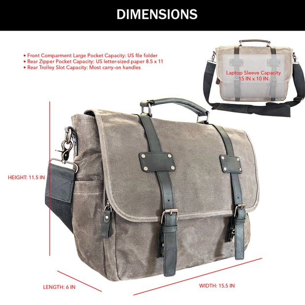 Canvas Messenger Bag for Men;  Laptop Case;  Satchel | Office Professionals;  Students;  Travel | Waxed Canvas;  Genuine Leather;  Smoked Metal Hardware | Portable Office;  Trolley Sleeve;  Organizer