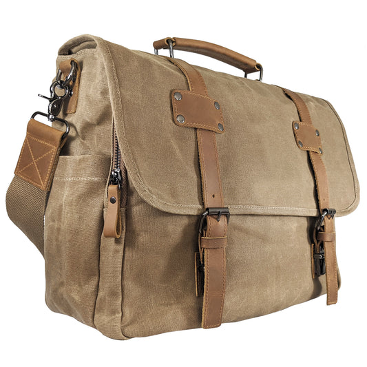 Canvas Messenger Bag for Men;  Laptop Case;  Satchel | Office Professionals;  Students;  Travel | Waxed Canvas;  Genuine Leather;  Smoked Metal Hardware | Portable Office;  Trolley Sleeve;  Organizer