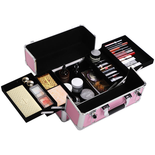 4-in-1 Makeup Travel Case with 360° Rolling Wheels, Locks, Keys and Adjustable Dividers, Pink XH